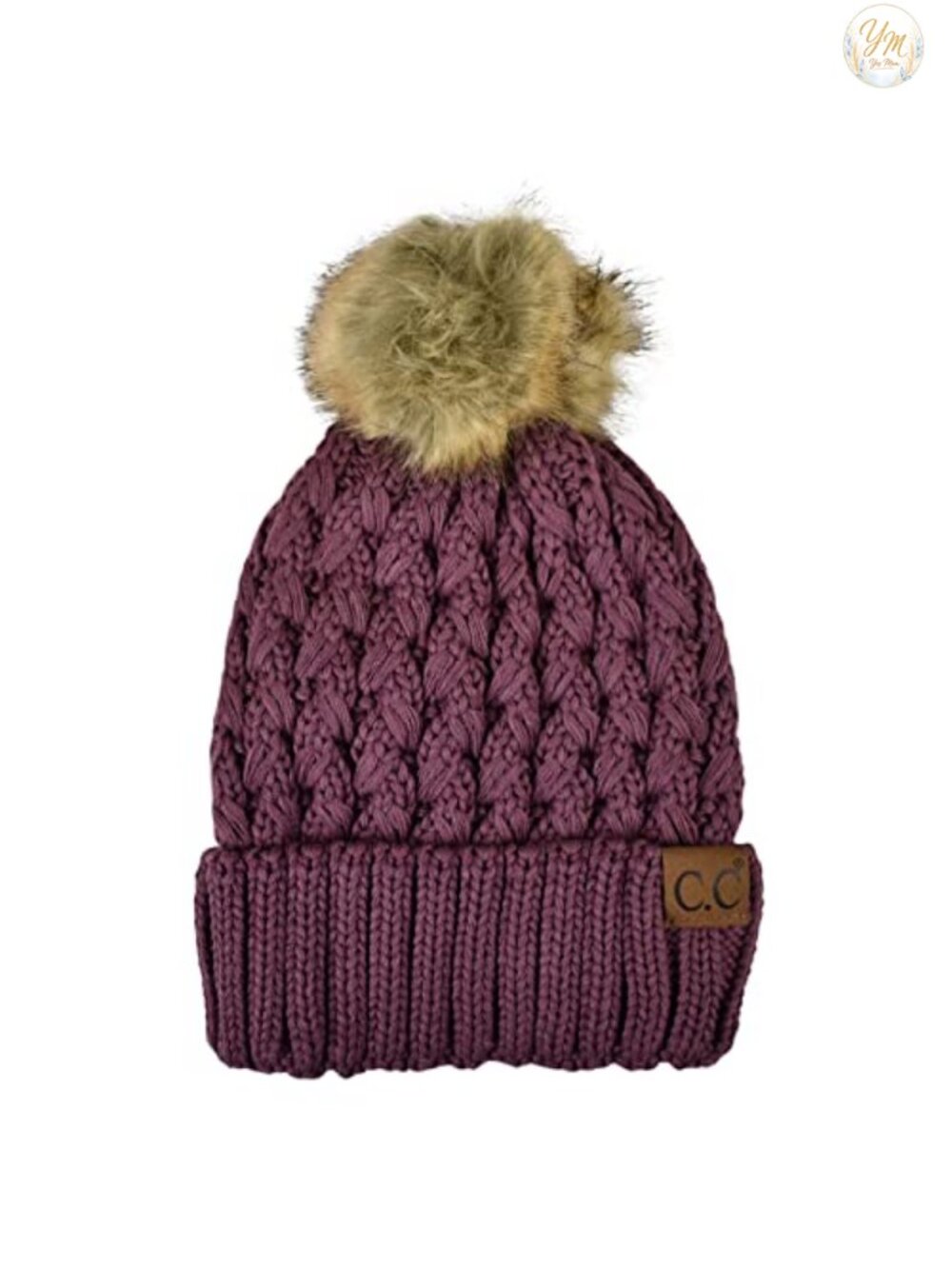 Cable Knit Faux Fur Pom Fleece Lined Cuff Beanie Skull Cap
